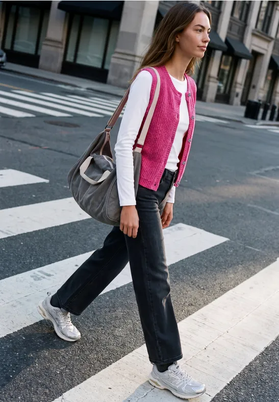 Frau mit rosa Weste und Jeans läuft über einen Zebrastreifen in der Stadt.