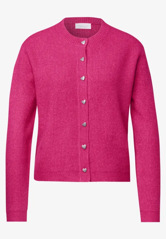 Pinkfarbener Damen-Strickcardigan mit langen Ärmeln und herzförmigen Knöpfen