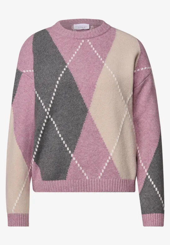 Grob gestrickter Pullover mit Rautenmuster in Rosa, Grau und Beige, Rundhalsausschnitt.