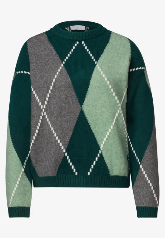 Dicker Strickpullover mit Rautenmuster in dunklem Grün, Hellgrün und Grau.