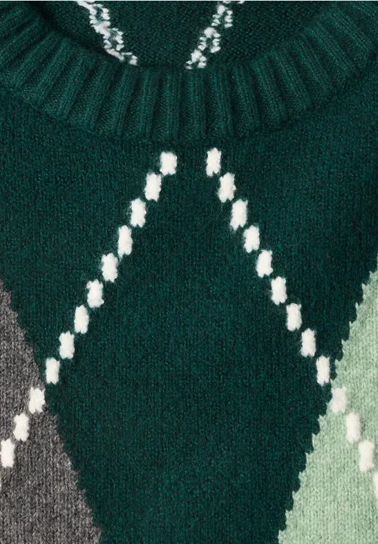 Dunkelgrüner Strickpullover mit Argyle-Rautenmuster in Hellgrün, Grau und weißen Ziernähten