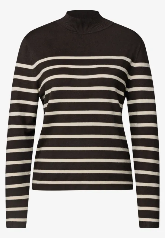 Schwarzes Langarmshirt mit cremefarbenen Querstreifen