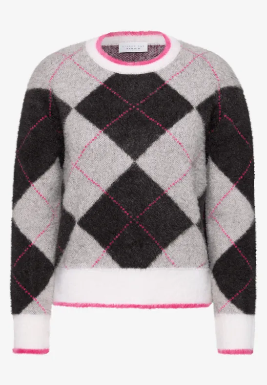 Grau-schwarzer Pullover mit Rautenmuster und pinken Akzenten.