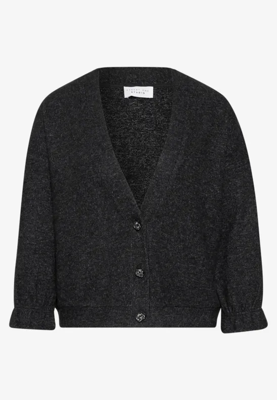 Cardigan gris foncé à col V, boutons sur le devant, manches longues, texture douce et coupe décontractée.