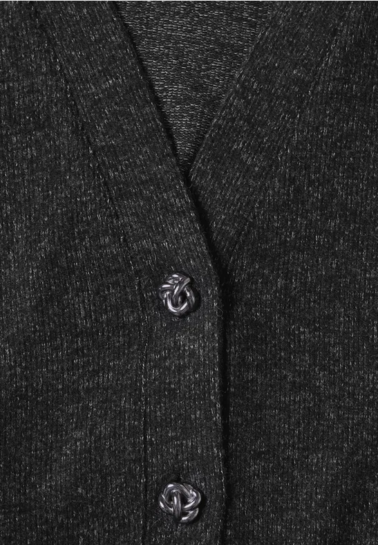 Cardigan en maille gris foncé pailleté avec deux boutons argentés ornés d’un logo
