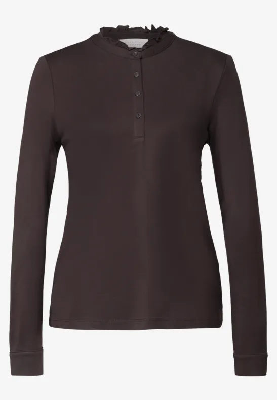 Schwarzes Langarmshirt mit Knopfleiste und Stehkragen