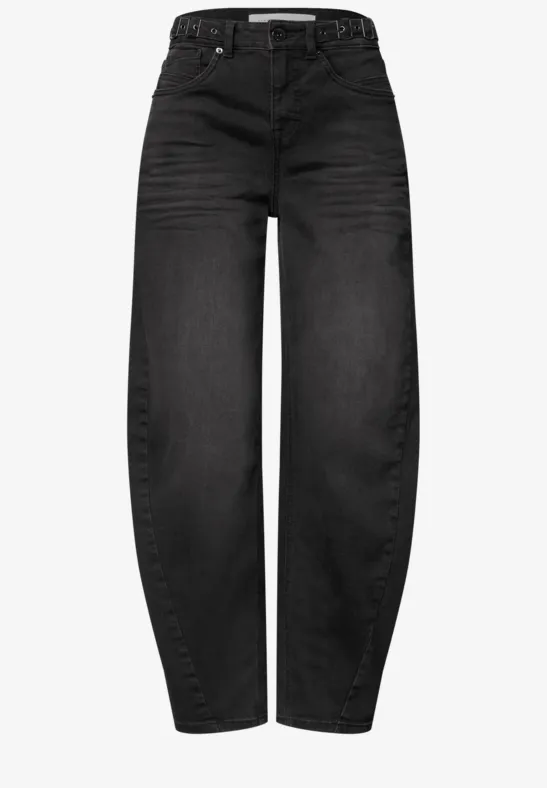 Schwarze hoch taillierte Jeans mit weitem Bein und 5-Pocket-Design