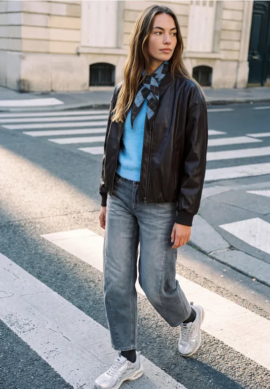 Une jeune femme en veste en cuir, jean et baskets traverse un passage piéton.