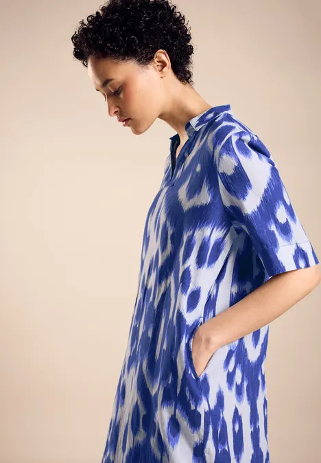 Print Leinen Kleid deep water blue