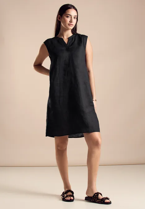 Baumwoll-Leinenkleid Damen - Gestreiftes Midi-Kleid Mit 3/4 Ärmeln