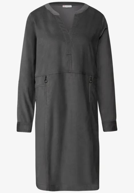 Corduroy jurk met gespleten hals concrete grey