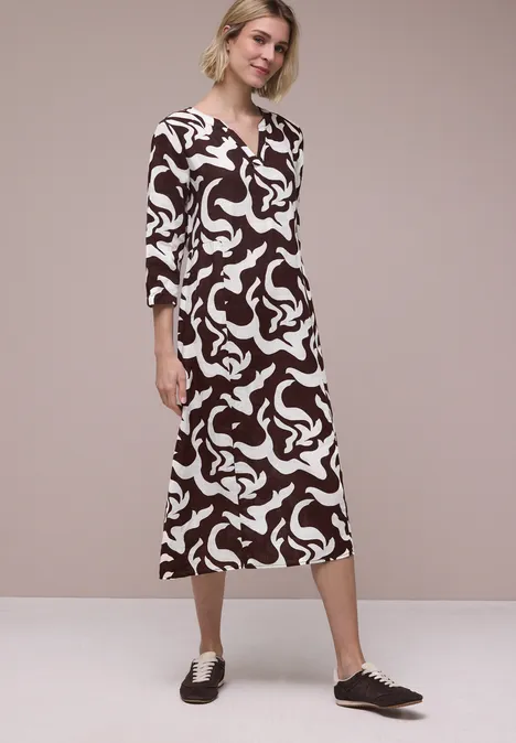 Midi-Kleid aus Leinen mit Print espresso brown