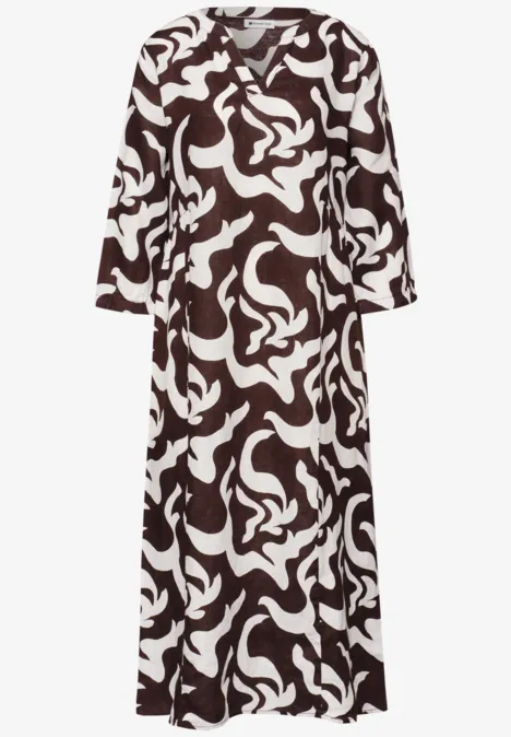Midi-Kleid aus Leinen mit Print espresso brown