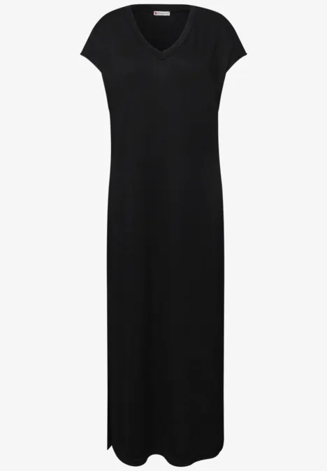 Midi-Kleid mit V-Neck im Strick-Look Black Midi-Kleid mit V-Neck im Strick-Look Black