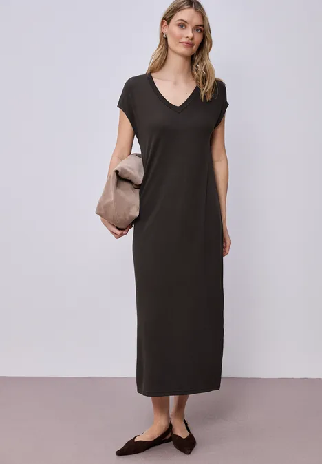 Midi-Kleid mit V-Neck im Strick-Look espresso brown Midi-Kleid mit V-Neck im Strick-Look espresso brown