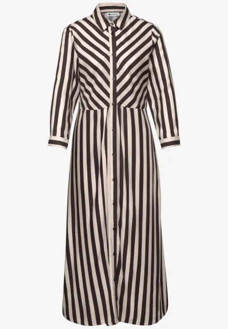 Langes Hemdkleid aus Baumwolle mit schwarz-weißen Längsstreifen, tailliert und mit Knopfleiste.