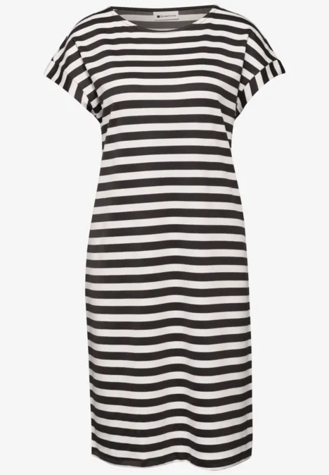 Dżersejowa sukienka do kolan w paski espresso brown