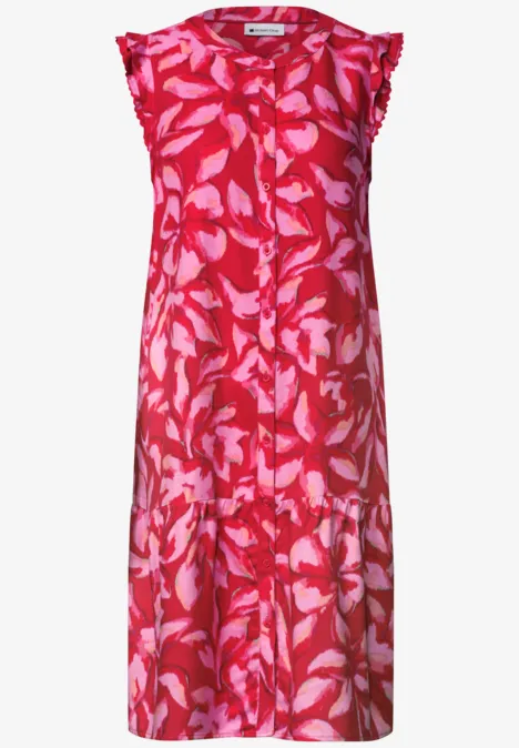 Ärmelloses Midikleid in Pink mit hellem Blattprint und lockerem Schnitt.