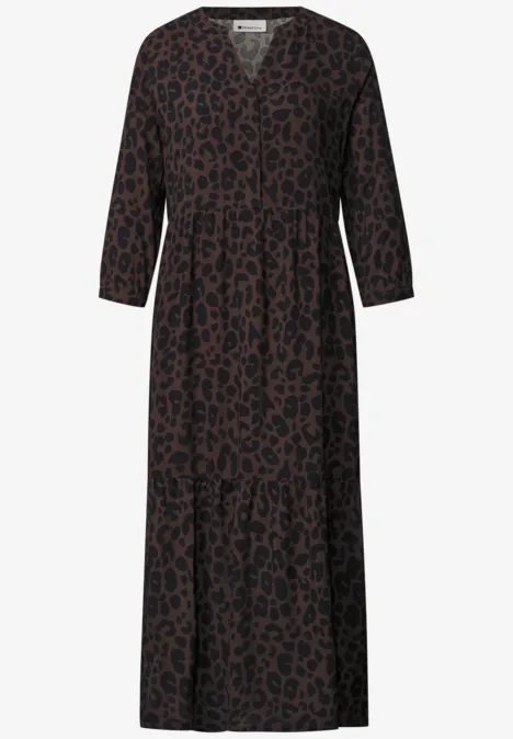 Langes V-Ausschnitt-Kleid mit 3/4-Ärmeln in dunkelbraun mit schwarzem Leoprint
