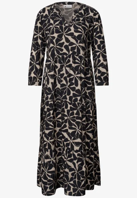Langärmeliges Maxikleid in Schwarz mit beigem Blattmuster