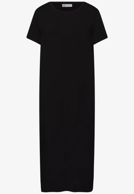 Gerades, schlichtes schwarzes T-Shirt-Kleid mit kurzen Ärmeln und knielanger Passform.
