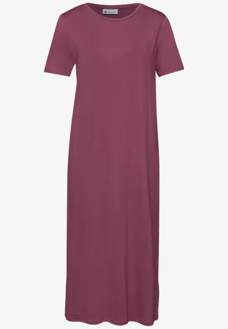 Schlichtes knöchellanges T-Shirt-Kleid in Weinrot mit kurzen Ärmeln und Rundhalsausschnitt.