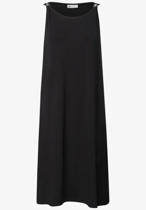 Schwarzes, ärmelloses, bodenlanges Kleid mit schmalen Trägern, schlicht und elegant.