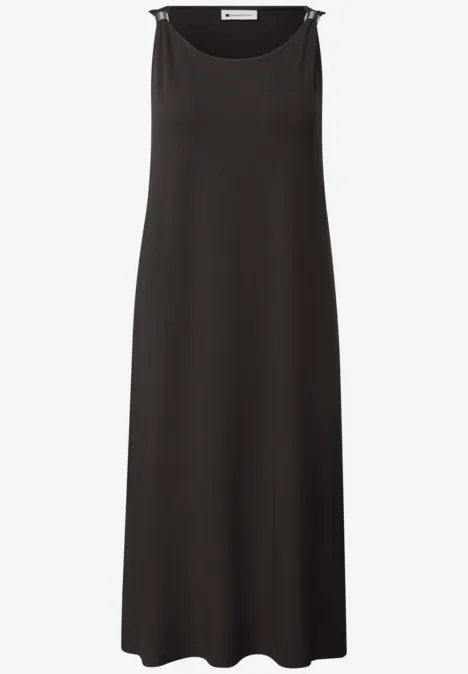 Schlichtes, ärmelloses Midi-Kleid in Schwarz mit rundem Halsausschnitt.