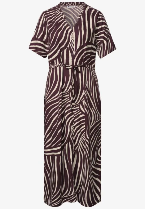 Midikleid mit Zebramuster, kurzen Ärmeln und Taillengürtel