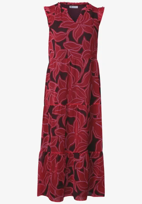 Ärmelloses, knöchellanges rotes Kleid mit auffälligem Blättermuster und Volant am Saum