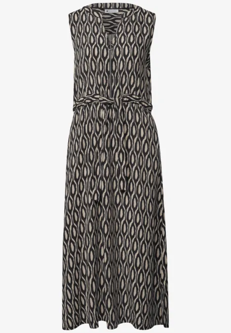 Ärmelloses Midikleid mit geometrischem Schwarz-Beige-Muster und Taillengürtel