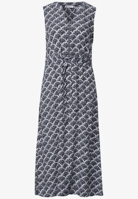 Ärmelloses Midikleid in Marineblau mit weißem Muschelprint, V-Ausschnitt und Taillengürtel