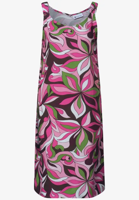 Ärmelloses, langes Sommerkleid mit buntem Blumenmuster in Pink, Grün und Weiß.