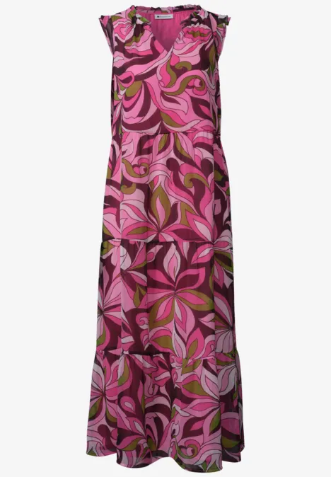 Ärmelloses Maxikleid mit pink-lilanem Blattmuster.