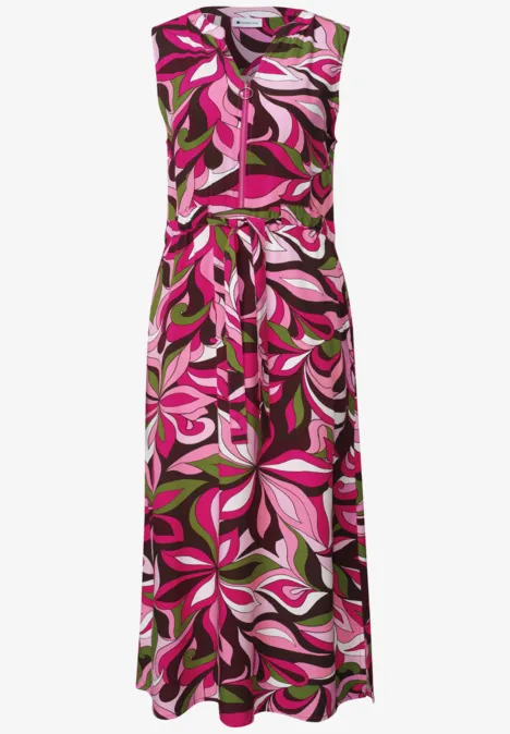 Ärmelloses Midikleid mit auffälligem Blumenprint in Rosa, Grün und Weiß.