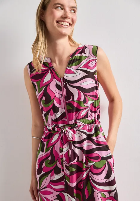 Ärmelloser Jumpsuit mit buntem, abstraktem Muster in Pink, Weiß und Schwarz, mit Taillengürtel