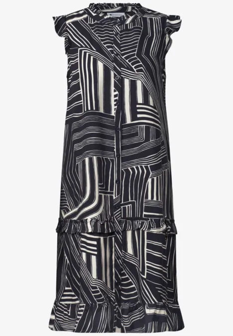 Ärmelloses Midikleid mit abstraktem Schwarz-Weiß-Streifenmuster, V-Ausschnitt und stufigem Volant-Saum.