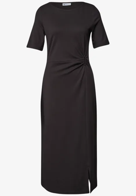 Midijurk van jersey met wikkel-look black coffee Zwarte midi-jurk met ronde hals, korte mouwen, zijknoopdetail en kleine split.