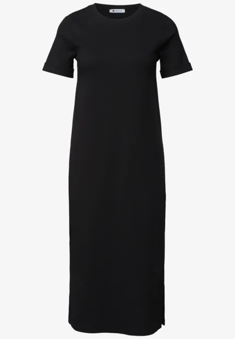 Midikleid in Rippstruktur mit Rundhals Black Schlichtes schwarzes T-Shirt-Kleid mit kurzen Ärmeln und knöchellangem, geradem Schnitt.