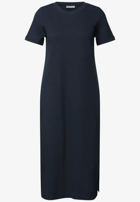 Schlichtes dunkelblaues T-Shirt-Kleid mit V-Ausschnitt und kurzen Ärmeln, midi-Länge