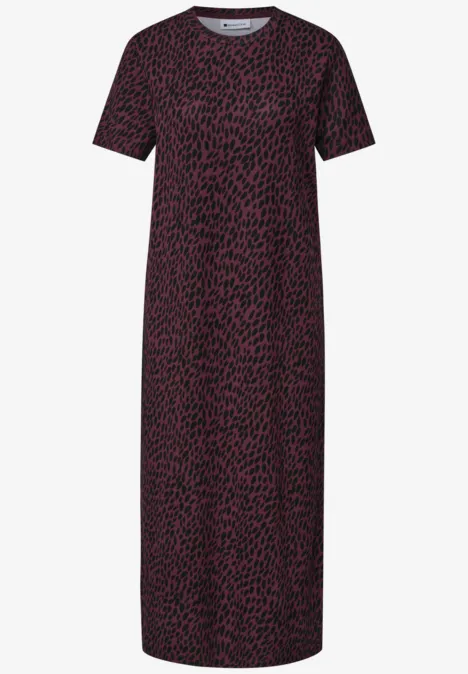 Langes T-Shirt-Kleid mit kurzen Ärmeln und Rundhalsausschnitt in Schwarz mit pinkem Leomuster.