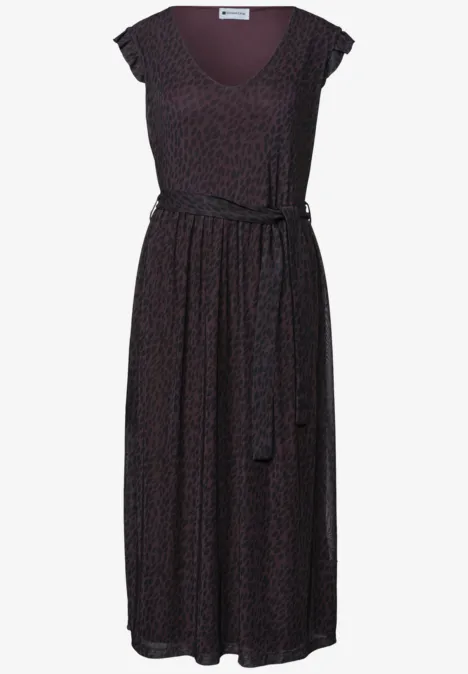 Robe mi-longue en mesh avec imprimé rustic rouge Dunkel gemustertes Midikleid mit V-Ausschnitt, kurzen Flügelärmeln und tailliertem Gürtel.