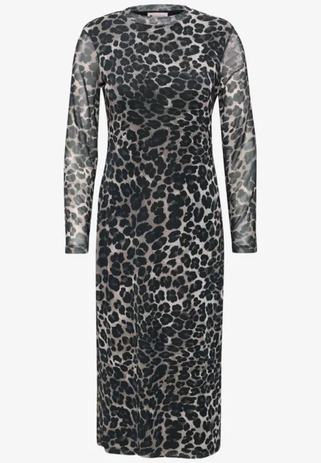 Midikleid mit Boat Neck und Leo-Print Black Elegantes, langärmliges Midi-Kleid mit Leopardenmuster in Schwarz und Beige