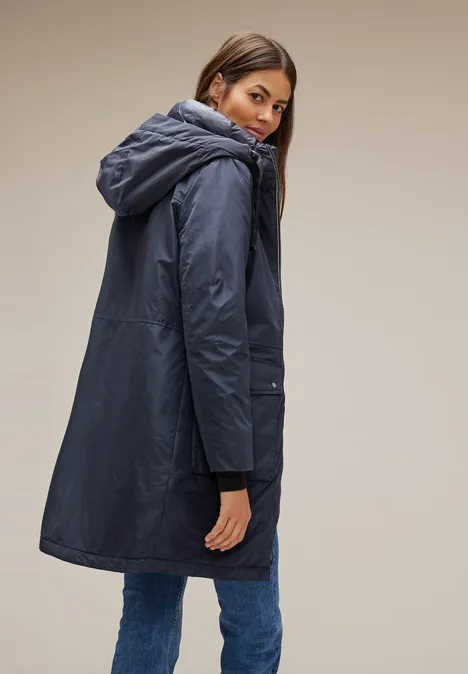 Glimmende lange jas gravity blue