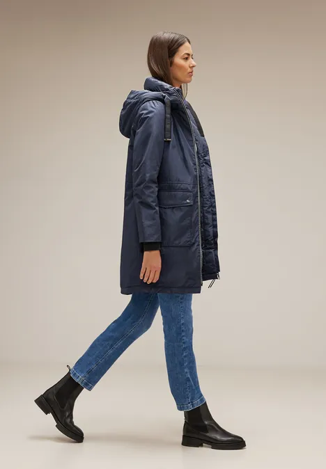 Glimmende lange jas gravity blue