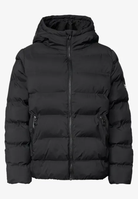 Schwarze, wattierte Kapuzenjacke mit Reißverschluss und Seitentaschen.