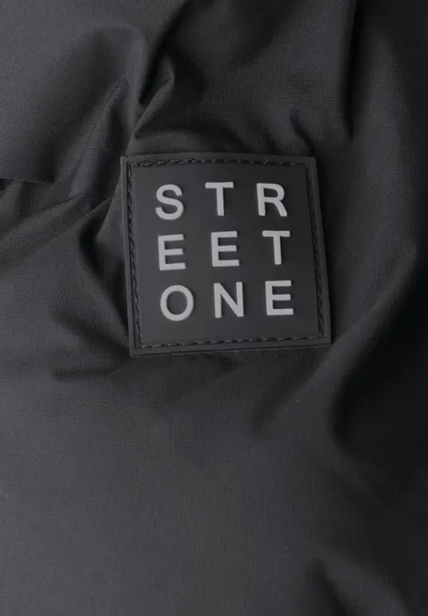 Kurze Jacke mit geklebter Steppung Obsidian Blue Schwarzes Nylon-Täschchen mit einem quadratischen Aufnäher 'STREET ONE'