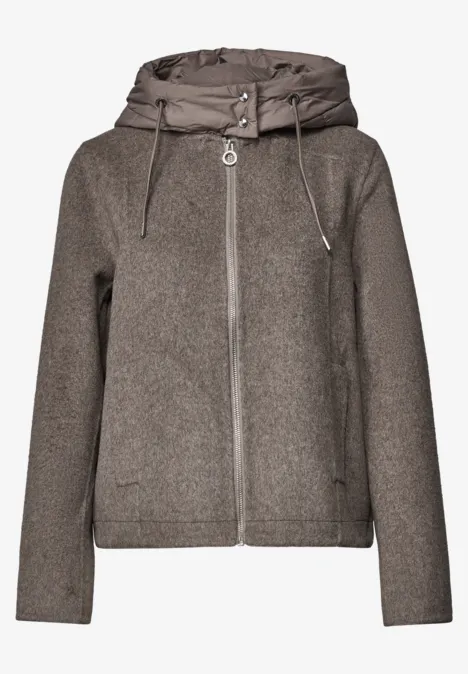 Jacke mit Wollanteil und abnehmbarer Kapuze Muddy Mocha Melange Grau-braune Jacke mit Kapuze, Reißverschluss und Taschen