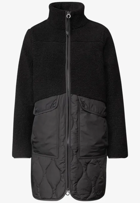 Mantel mit Strukturmix und Stehkragen Black Schwarzer Mantel mit Fleece-Oberteil, durchgehendem Reißverschluss, Steppteil und aufgesetzten Taschen