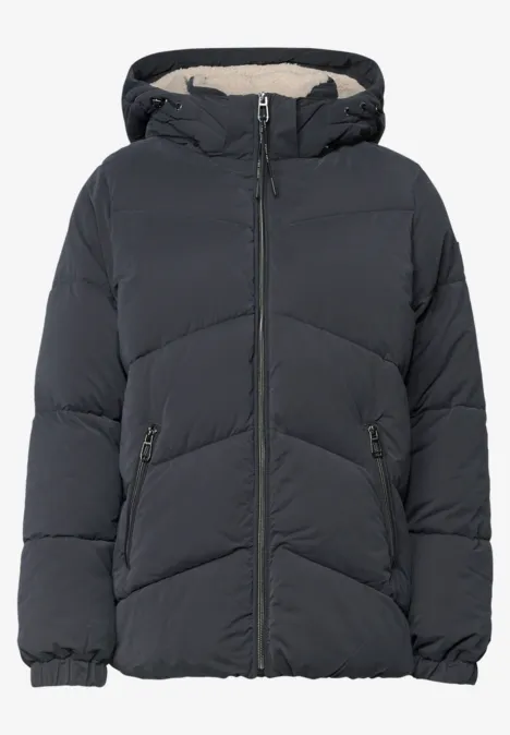 Schwarze, wattierte Kapuzenjacke mit Reißverschluss und Seitentaschen, gestepptes Design.